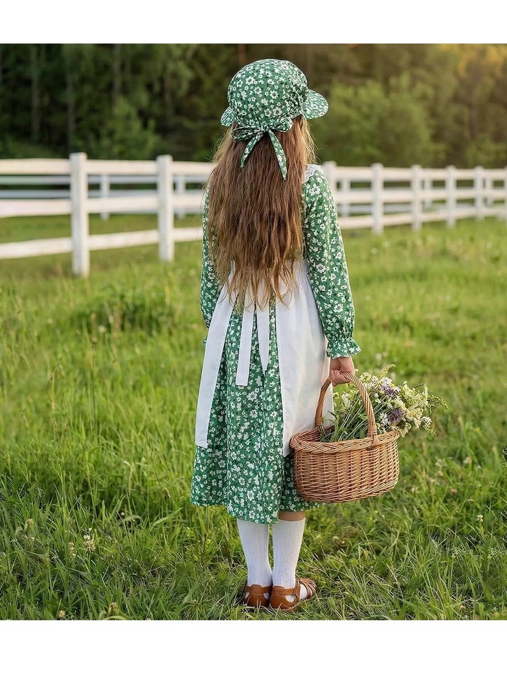 New Girls Pioneer Floral Prairie Dress Costume Small Green Apron Bonnet Bag sock
